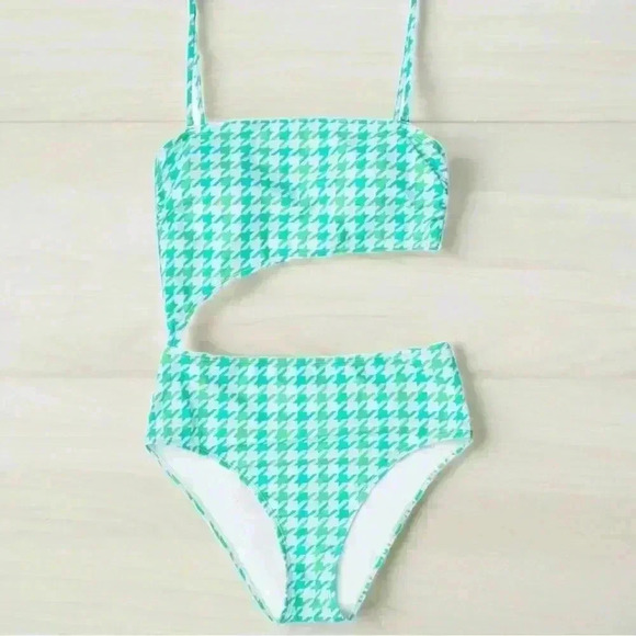 Ninety-Nine° Junior's M Bandeau Cutout One-Piece Swimsuit NEW Happy Houndstooth - Picture 3 of 5